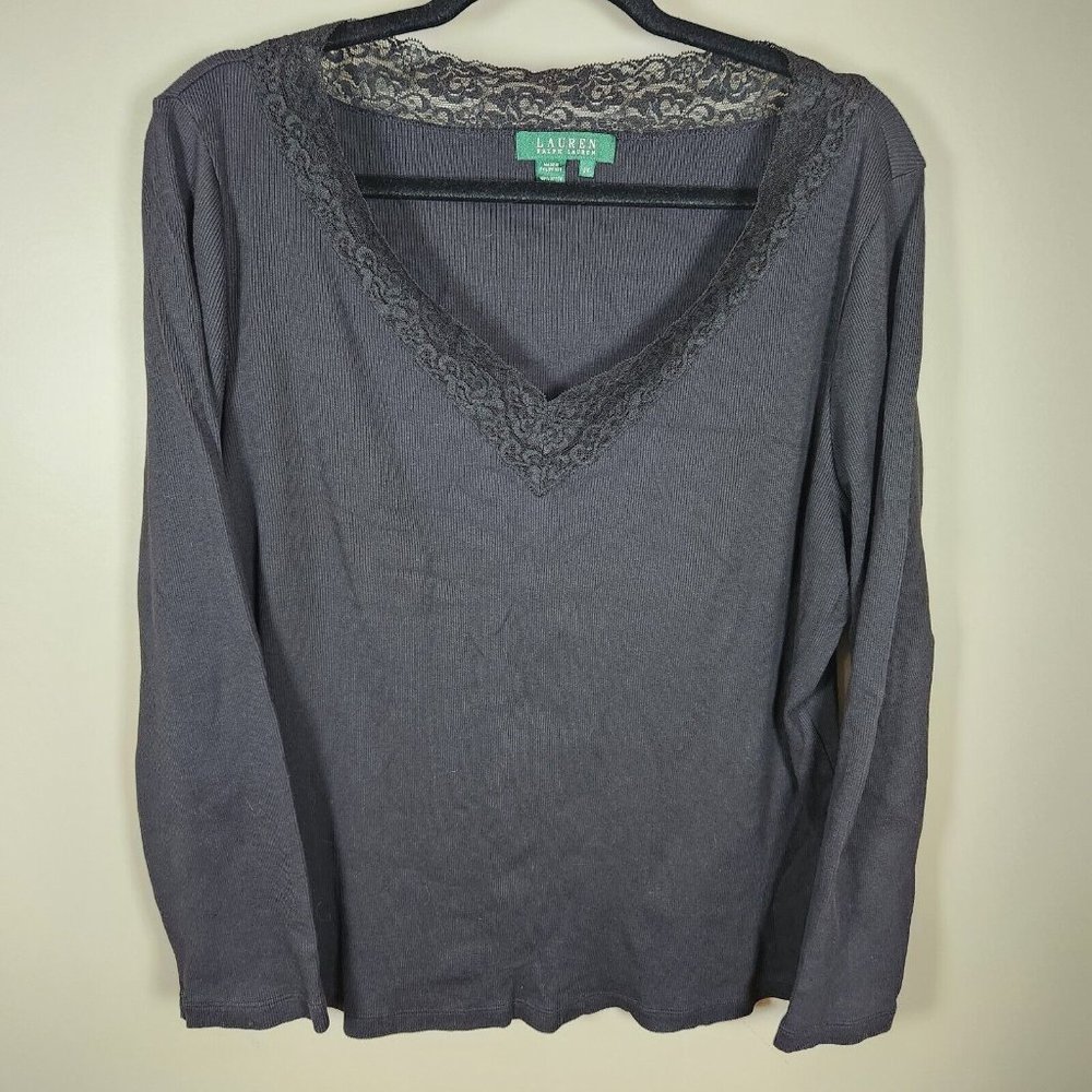 Lauren Ralph Lauren Shirt Womens 2X Black Ribbed 100% Cotton Lace V Neck Top